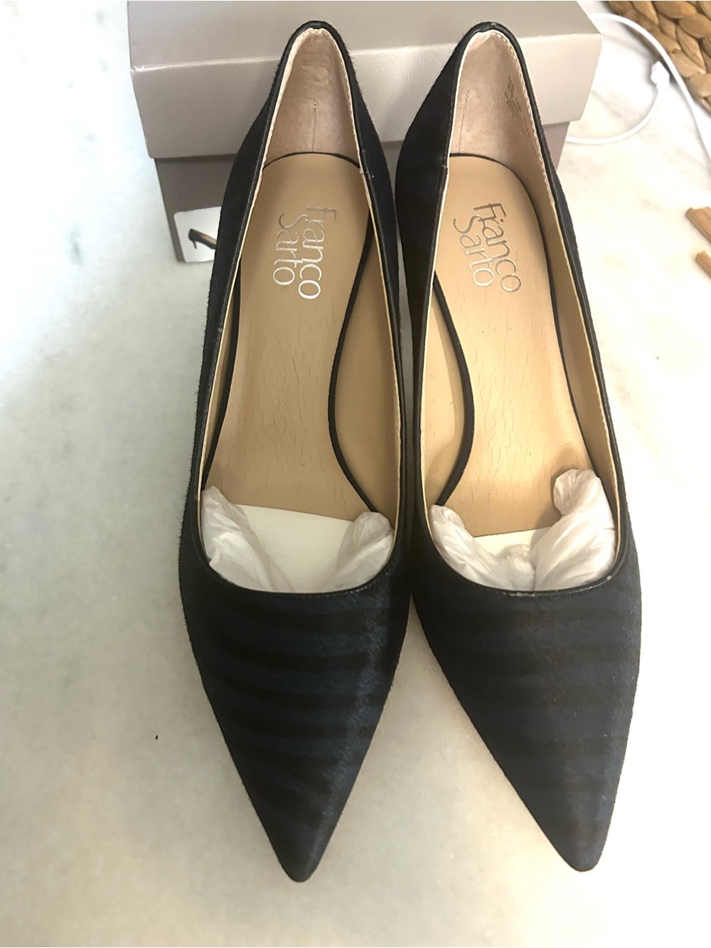 Franco Sarto Womens Bellini 2 Navy Pointed Toe Heels Sz 9 Calf Hair Zebra New